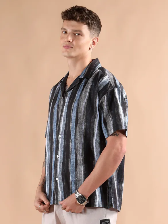Blue and Black Printed Cuban Shirt